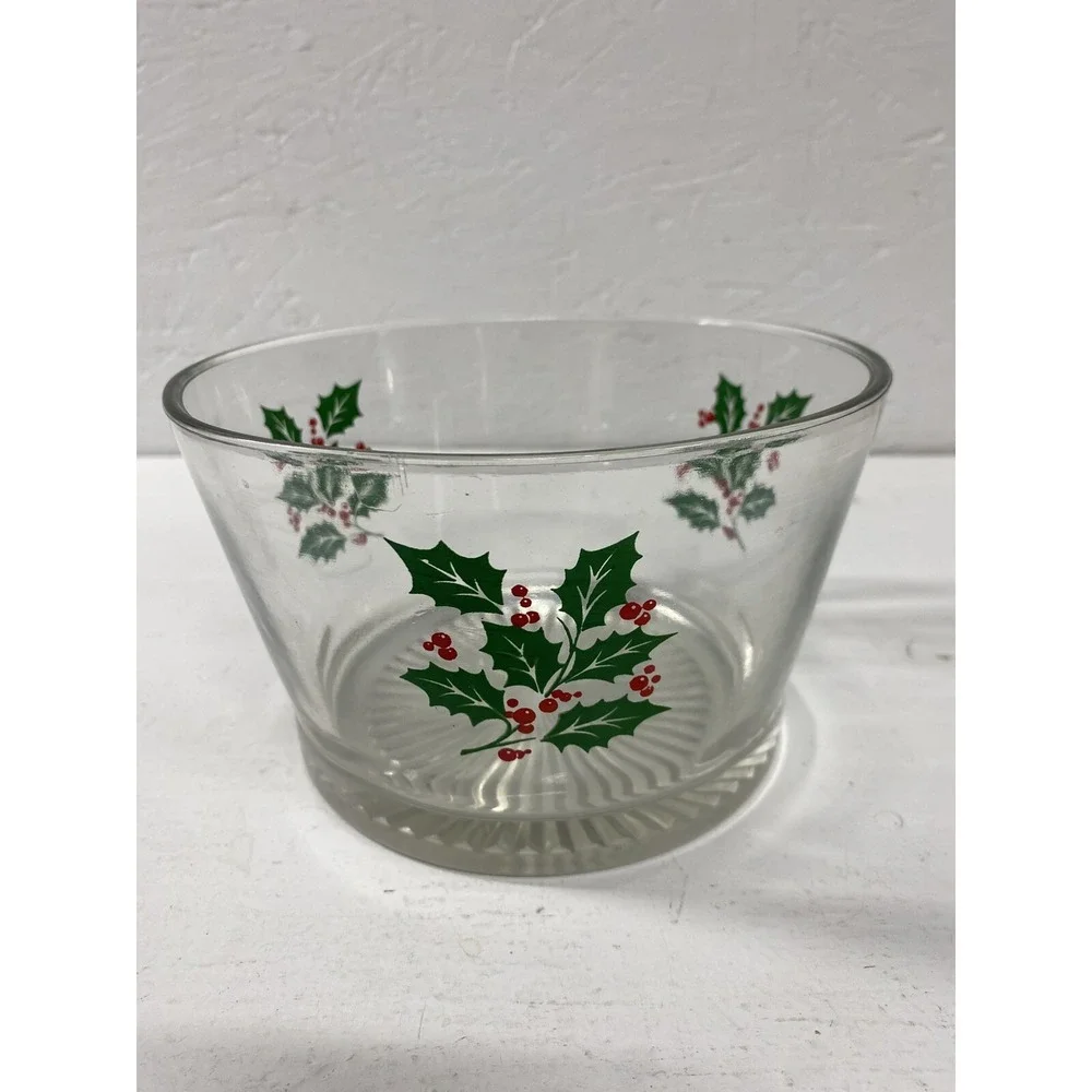 Vintage Retro Christmas Indiana Glass Holly & Berries Serving Bowl Snack Bowl‎